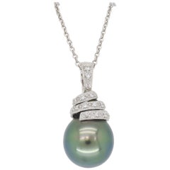 Tahitian Pearl and Diamond Pendant Necklace in 18 Karat White Gold