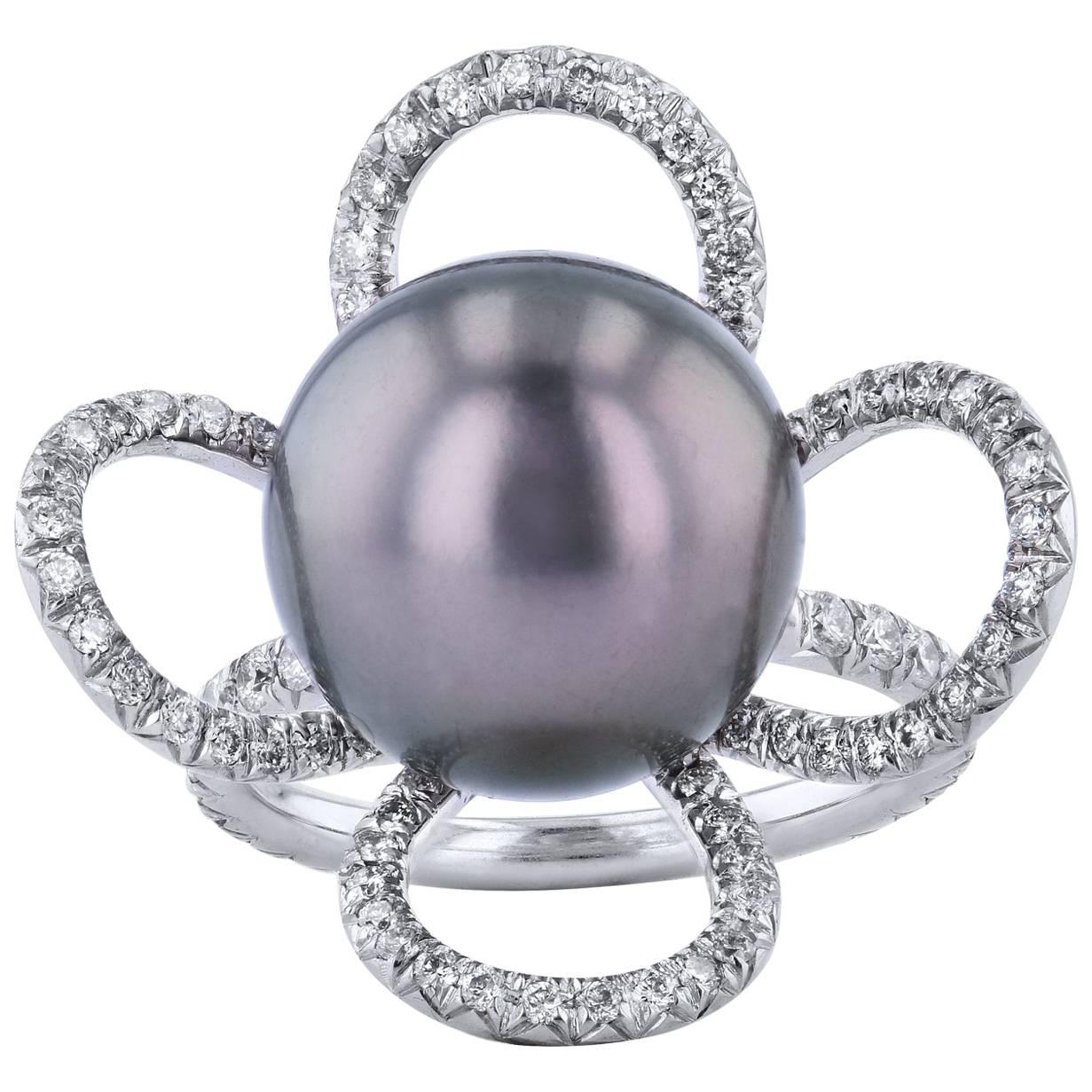 Bague de cocktail à la mode en or blanc 18 carats avec perle de Tahiti et pétales de diamants, taille 5,5