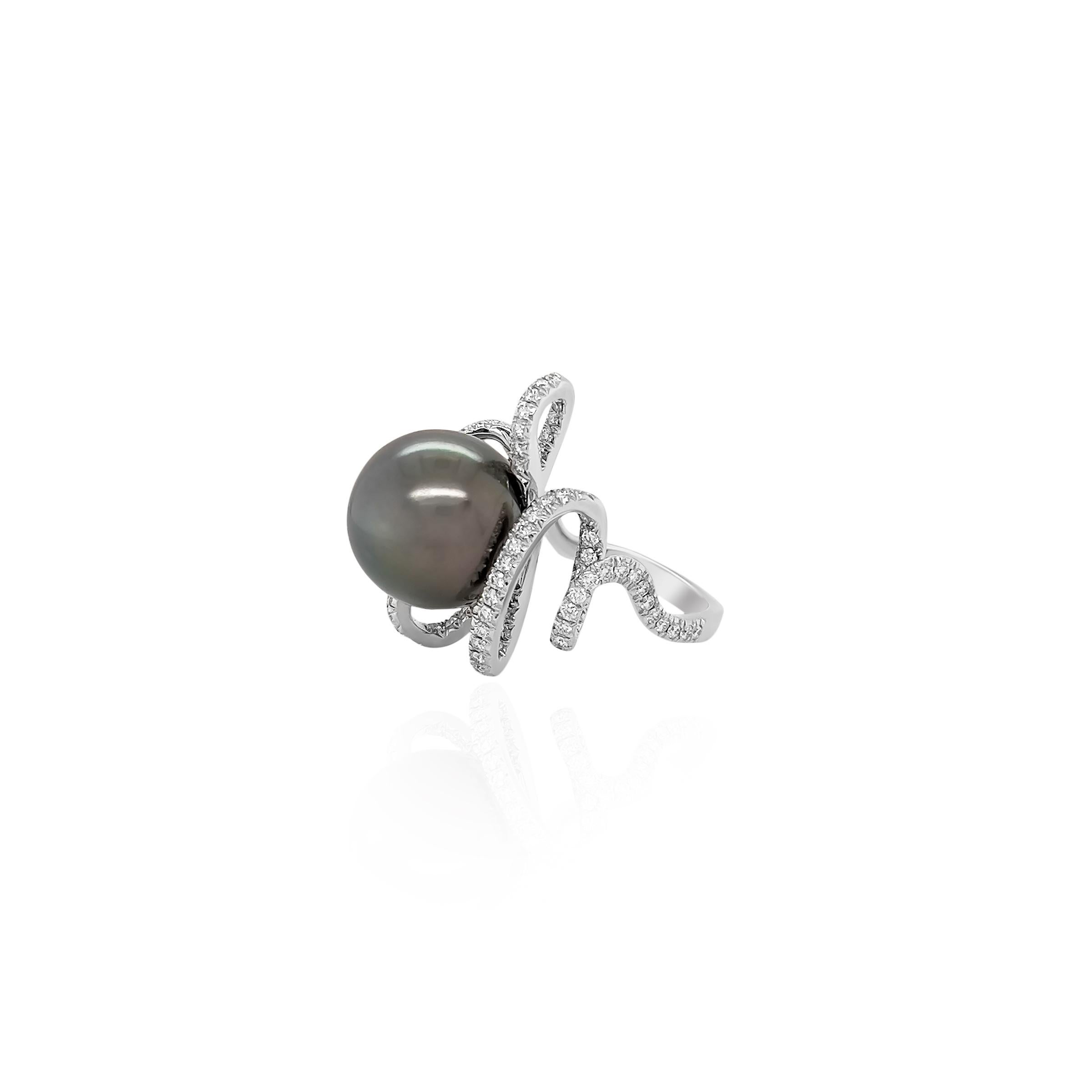Modern Tahitian Pearl and Diamond Ring in 18k White Gold  For Sale