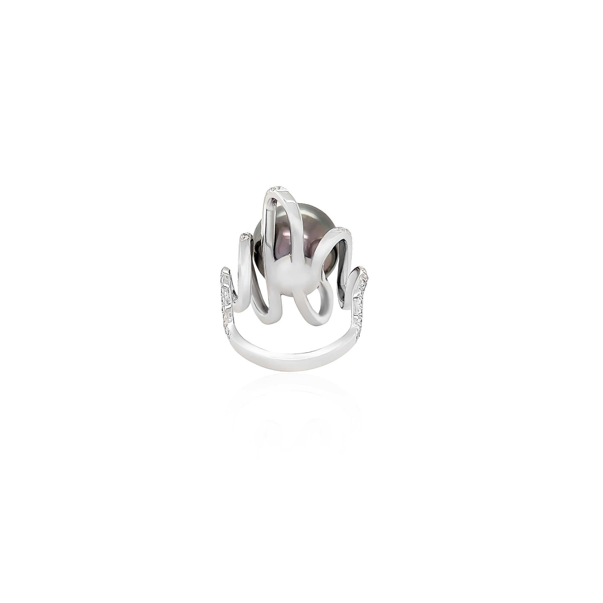 Round Cut Tahitian Pearl and Diamond Ring in 18k White Gold  For Sale