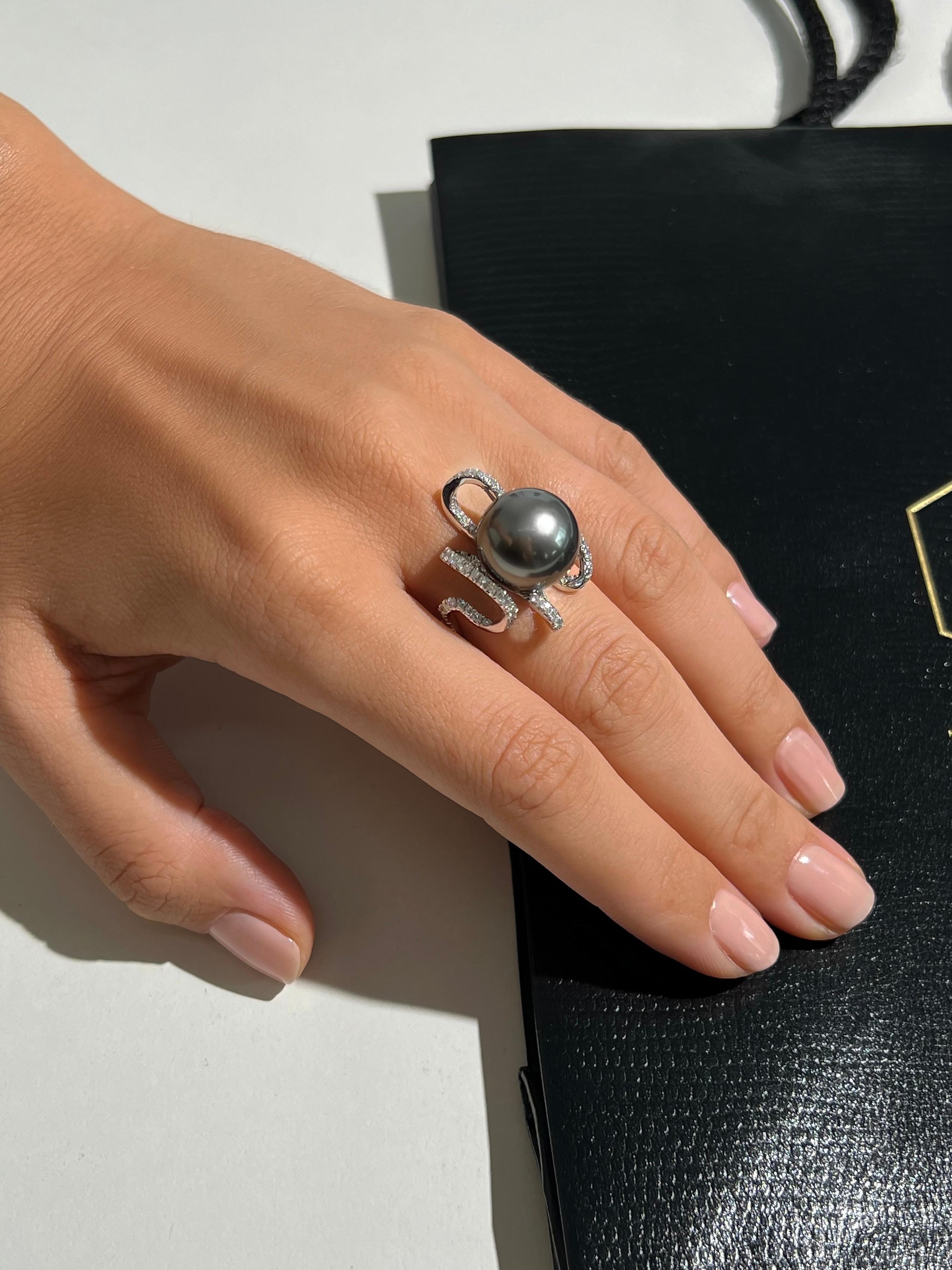 Women's Tahitian Pearl and Diamond Ring in 18k White Gold  For Sale