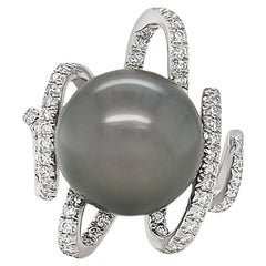Tahitian Pearl and Diamond Ring in 18k White Gold 