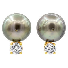 Roman Malakov 0.88 Carat Total Round Diamonds Tahitian Pearl Earrings