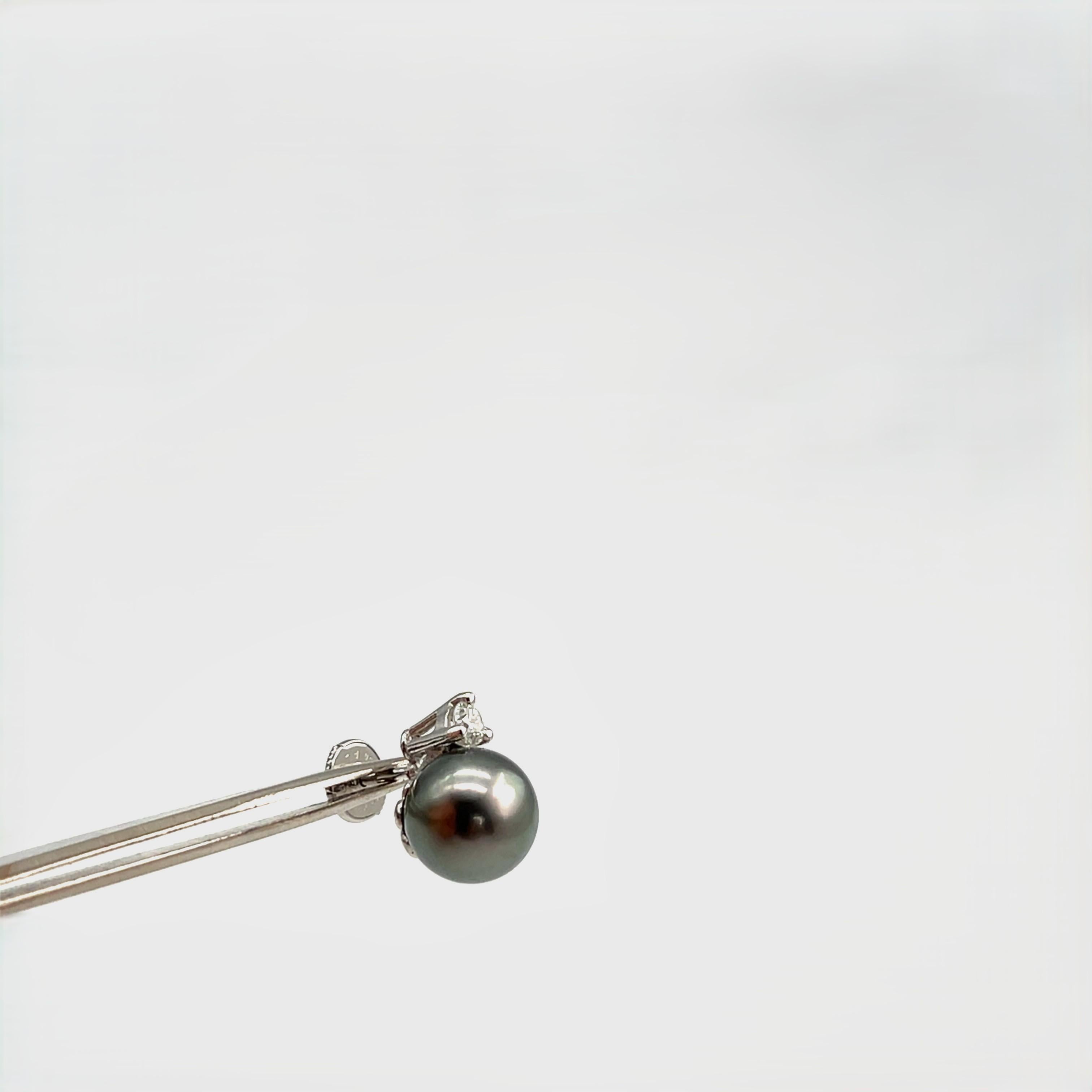 These timeless stud earrings feature two stunning Tahitian pearls, each measuring approximately 10.5–11 mm in diameter. Their deep gray luster reveals overtones of green and aubergine, offering an exotic and elegant touch. The pearls are gracefully