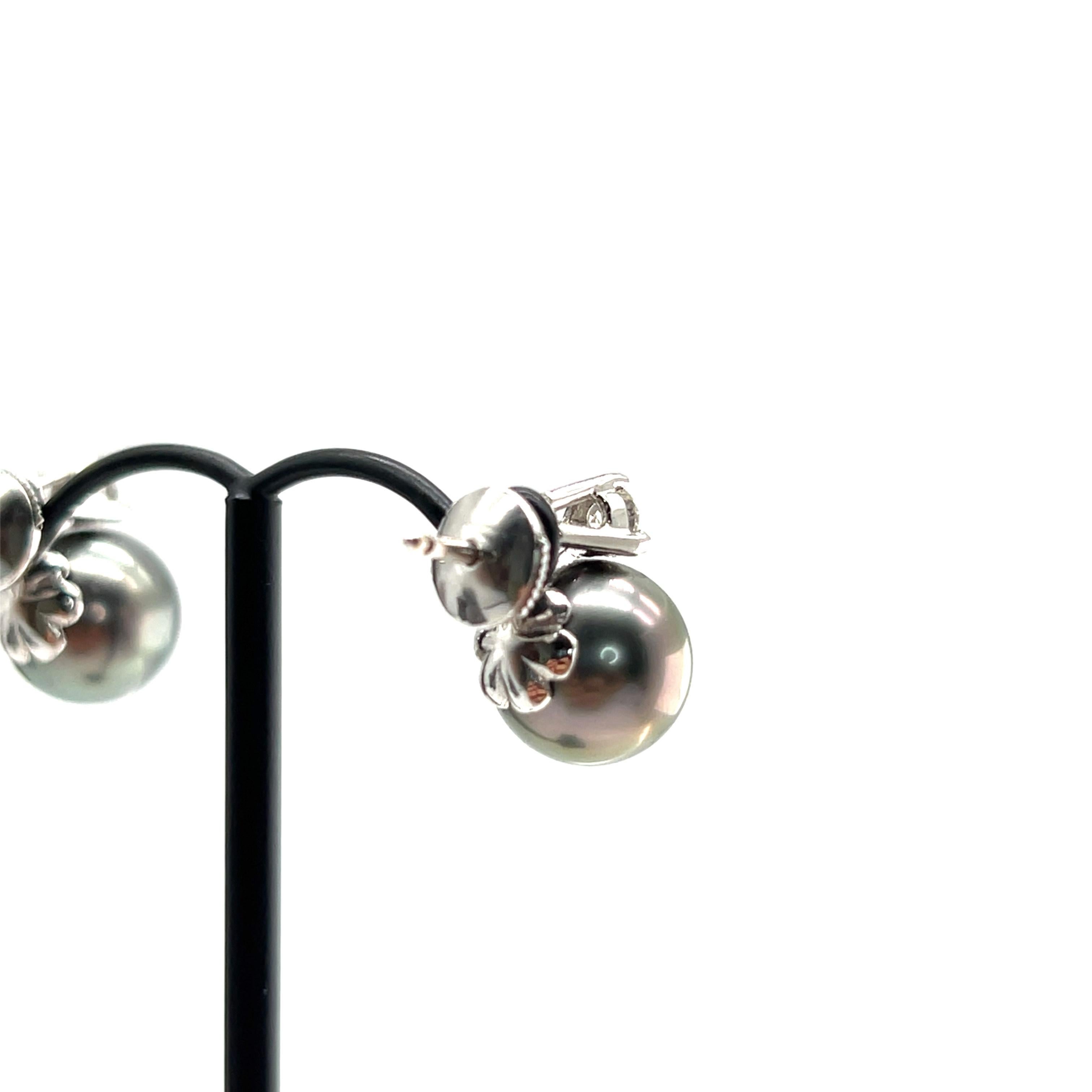 Women's Tahitian Pearl and Diamond Stud Earrings in 18K White Gold For Sale