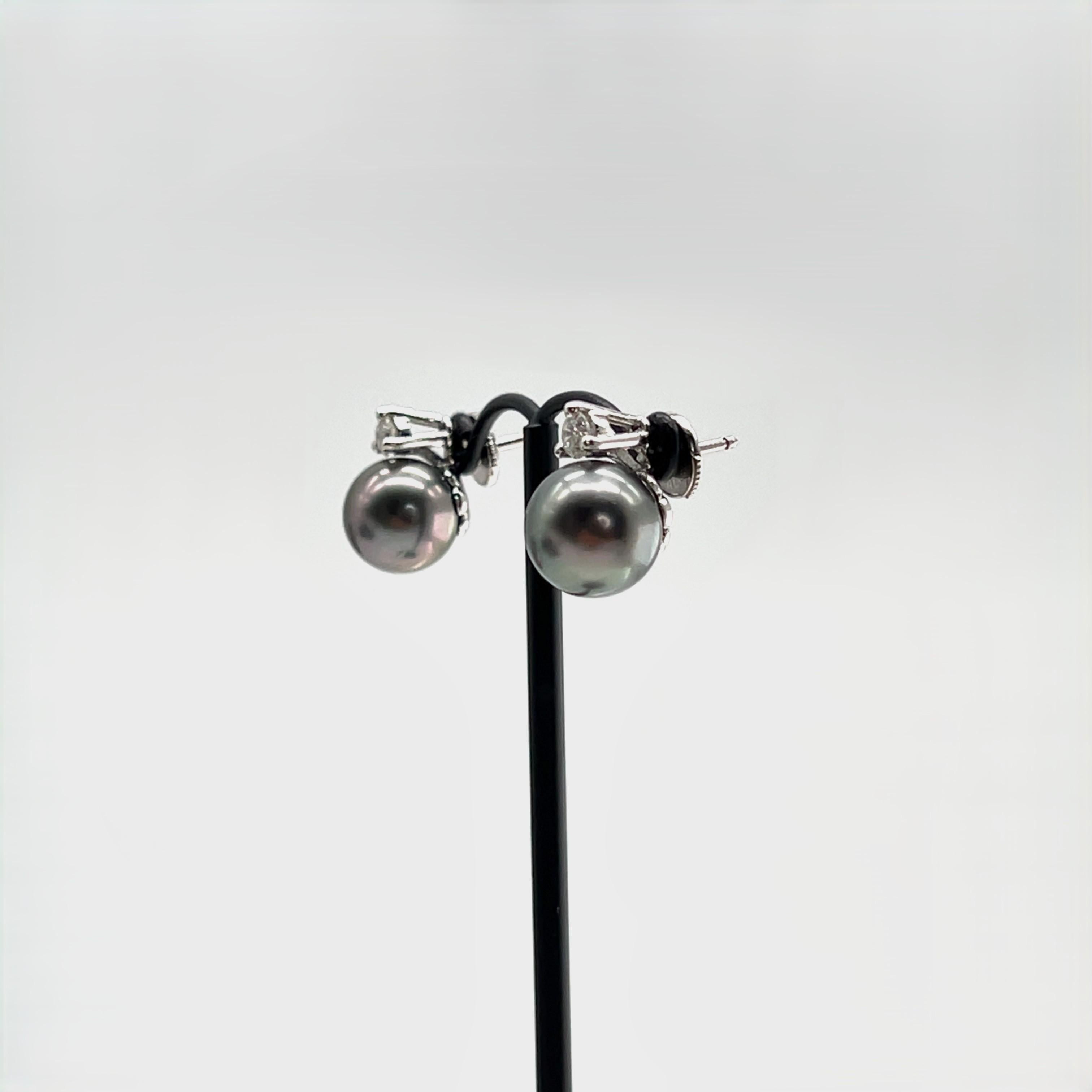 Tahitian Pearl and Diamond Stud Earrings in 18K White Gold For Sale 1