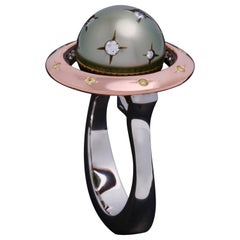 Tahitian Pearl and Diamonds, 14k Rose Gold, Platinum Cocktail Spin Ring