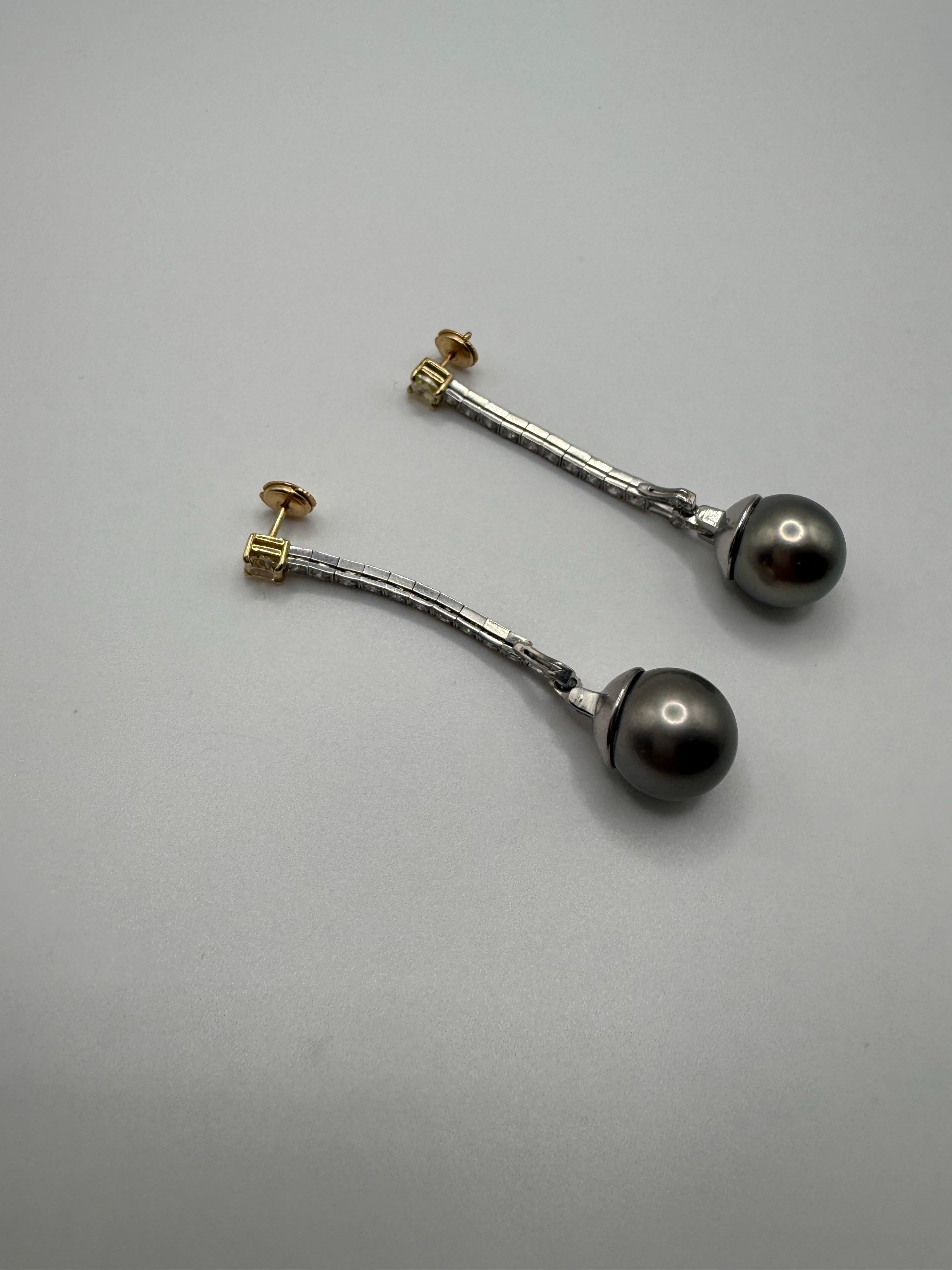 Boucles d'oreilles perles de Tahiti et diamants ART DECO 23.26gr 1.90ct en vente 2