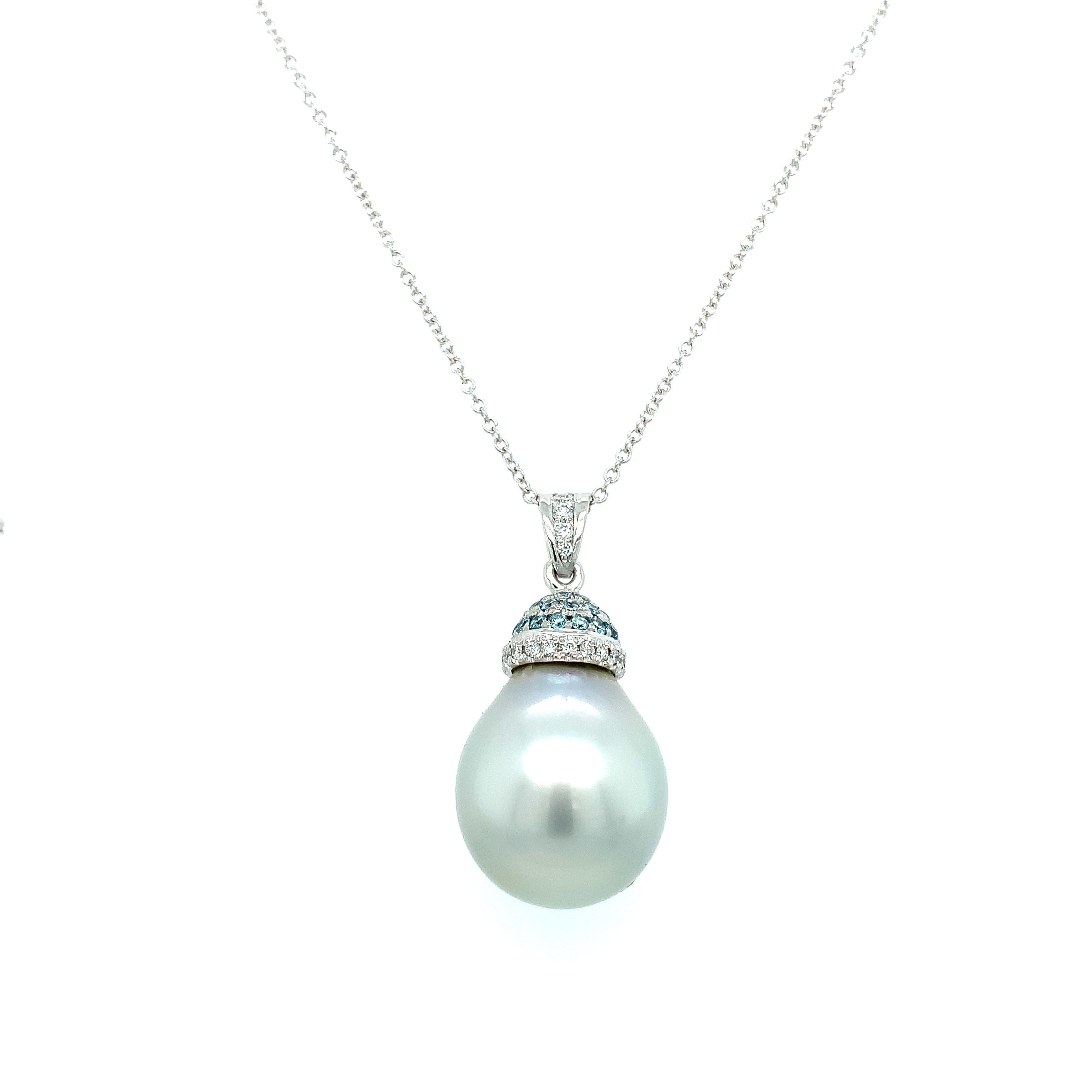 Pear Cut Tahitian pearl and diamonds pear art deco drop pendant 18k white gold For Sale