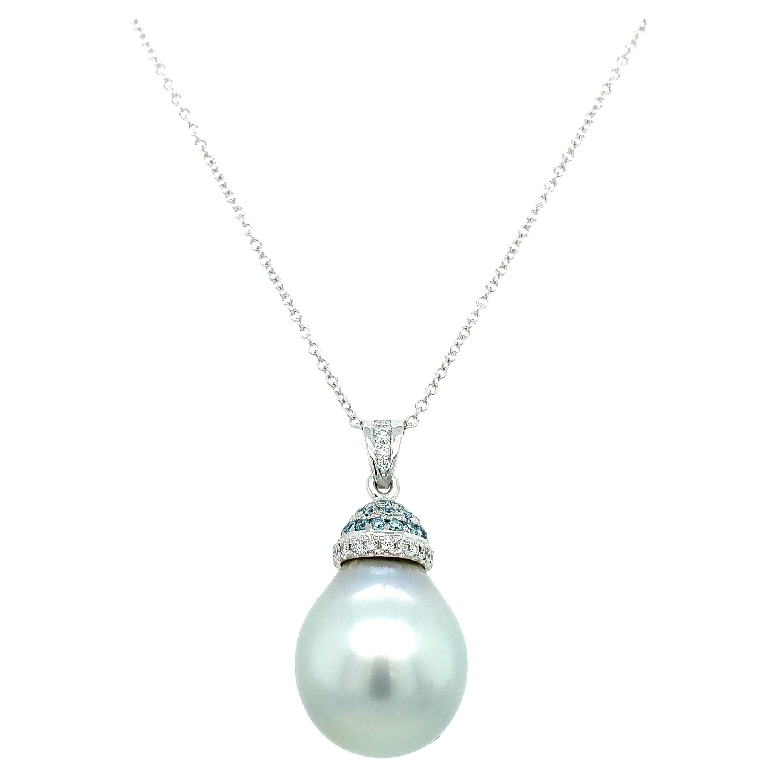 Tahitian pearl and diamonds pear art deco drop pendant 18k white gold