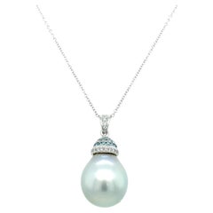 Tahitian pearl and diamonds pear art deco drop pendant 18k white gold