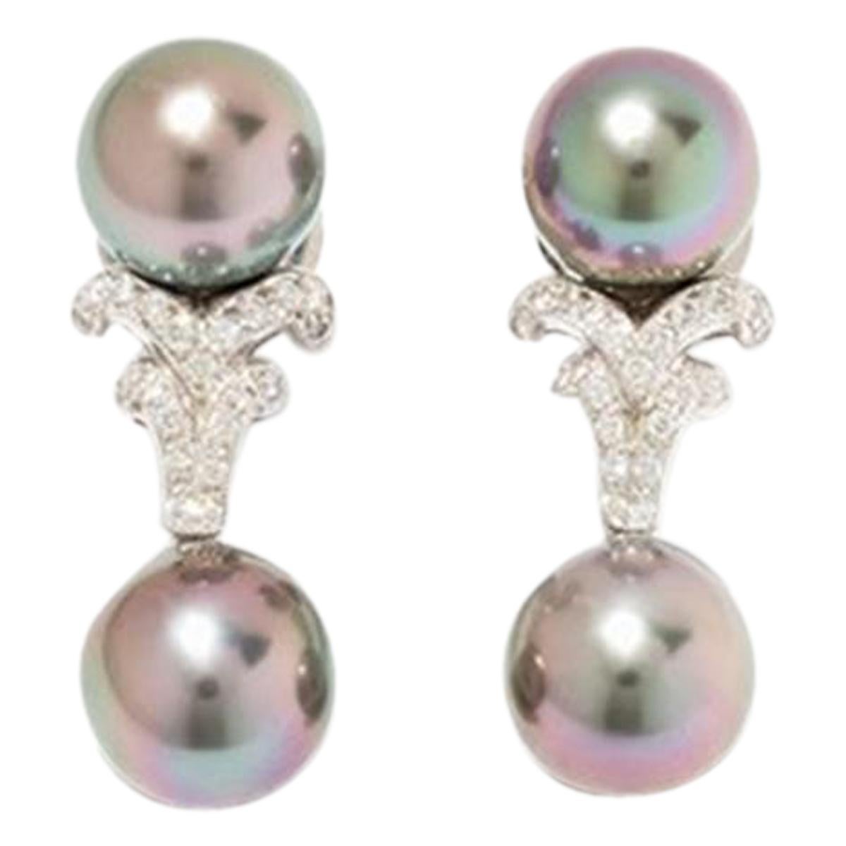 Tahitian Pearl and Diamond Trimming Earrings, 18 Karat Gold