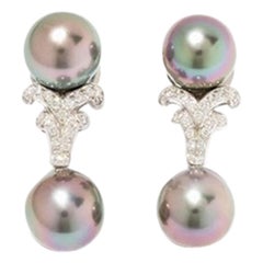 Tahitian Pearl and Diamond Trimming Earrings, 18 Karat Gold