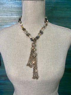 Tahitian Pearl and Labradorite Lariat Style Necklace with Tassels, 18k Gold