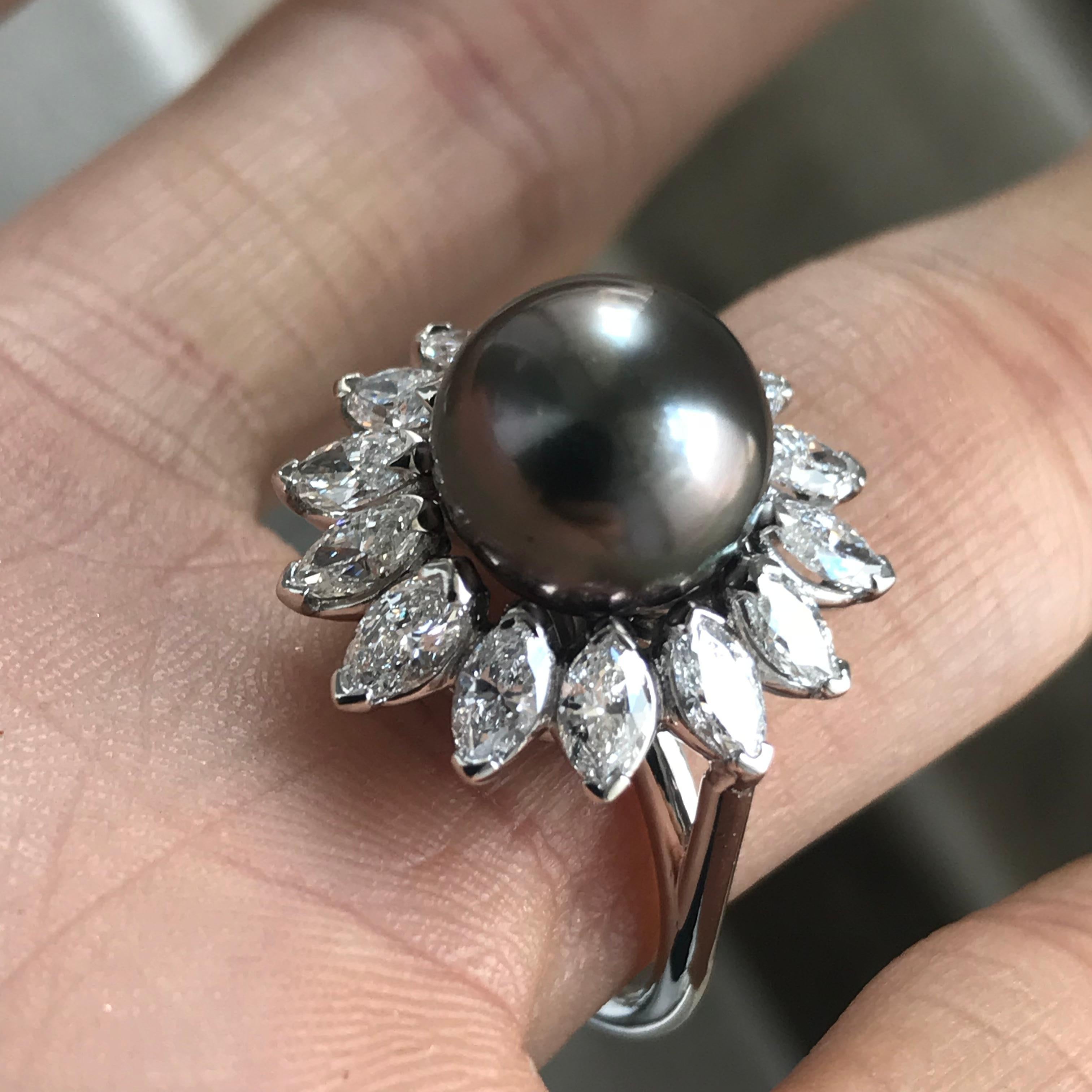 Modern Tahitian Pearl and Marquise Diamond Cocktail Ring, Ben Dannie For Sale