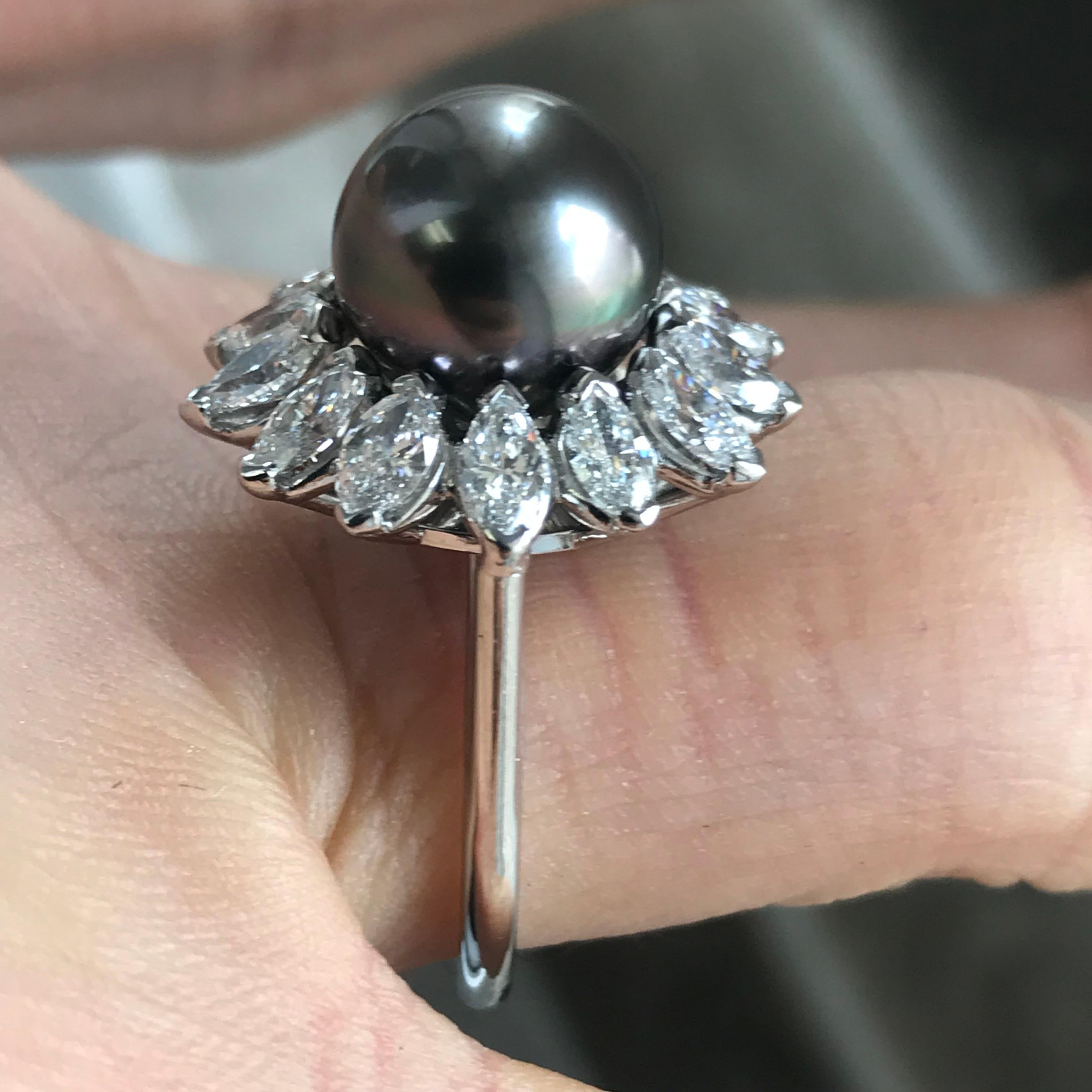 Marquise Cut Tahitian Pearl and Marquise Diamond Cocktail Ring, Ben Dannie For Sale