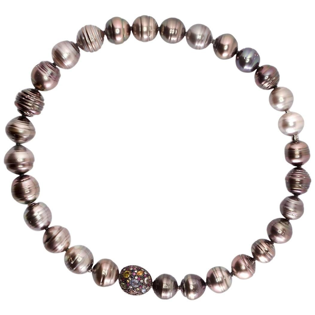 Tahitian Pearl and Multicolored Sapphire Necklace For Sale