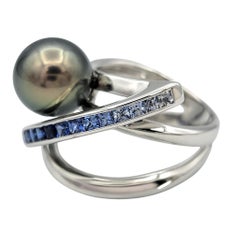 Tahitian Pearl and Ombre Blue Sapphire Multi Row Coil Ring 18 Karat White Gold