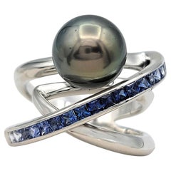 Tahitian Pearl and Ombre Blue Sapphire Multi Row Coil Ring 18 Karat White Gold