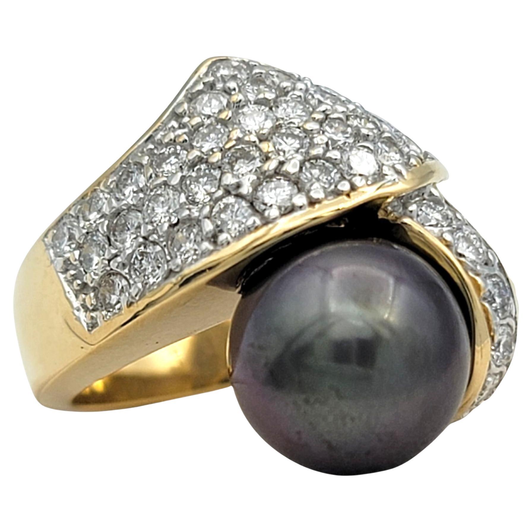 Tahitian Pearl and Pavé Diamond Bypass Style Cocktail Ring 14 Karat Yellow Gold