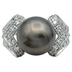 Tahitian Pearl and Pavé Diamond Split Shank Cocktail Ring in 14 Karat White Gold