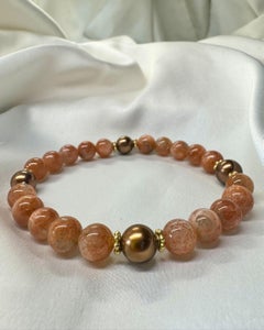 Tahitian Pearl and Sunstone Round Beaded Mala Bracelet
