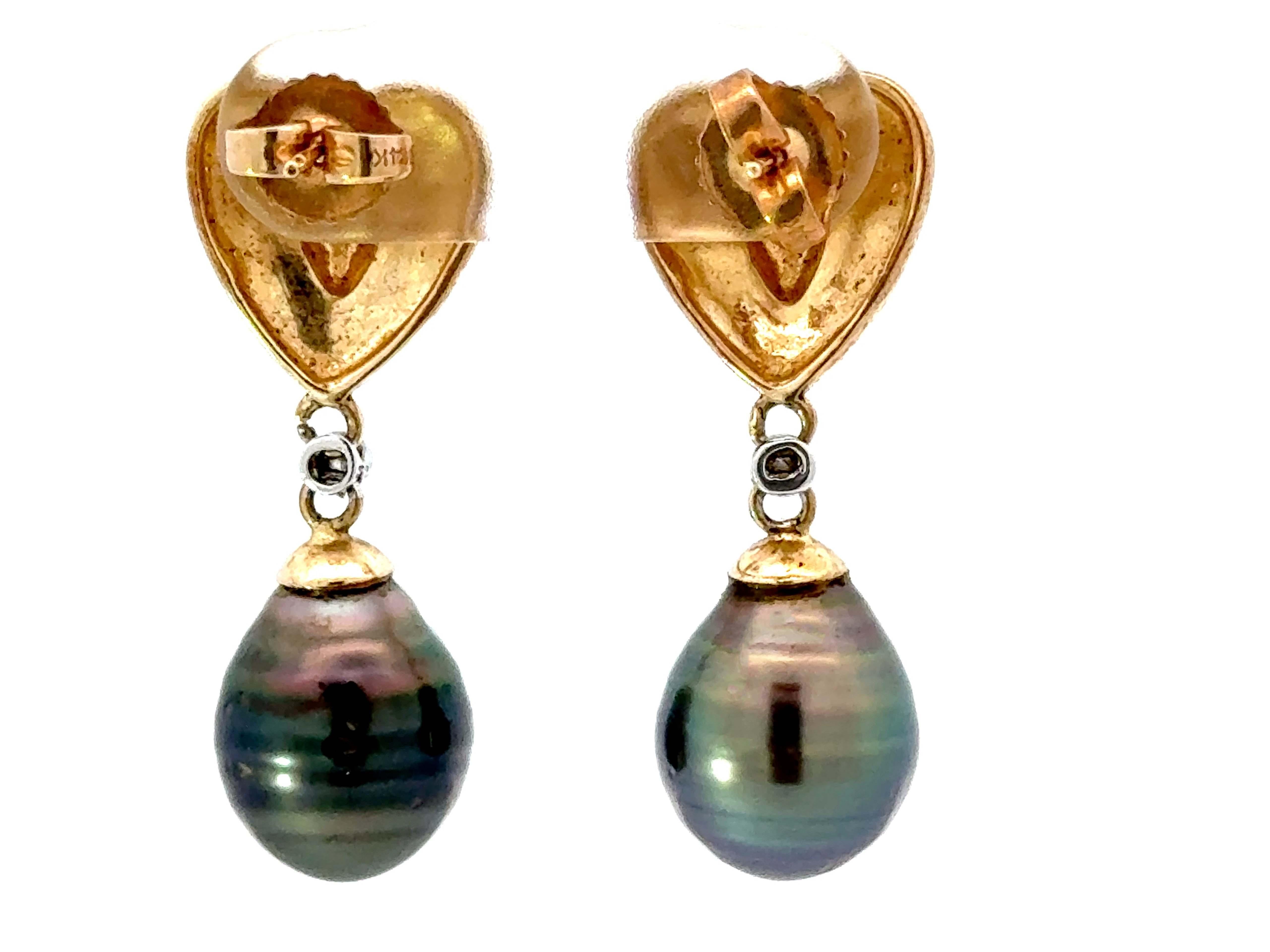 Tahitian Pearl and Yellow Gold Heart Earrings 14K Yellow Gold For Sale 1