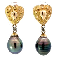Tahiti-Perlen- und Gelbgold-Herz-Ohrringe 14K Gelbgold