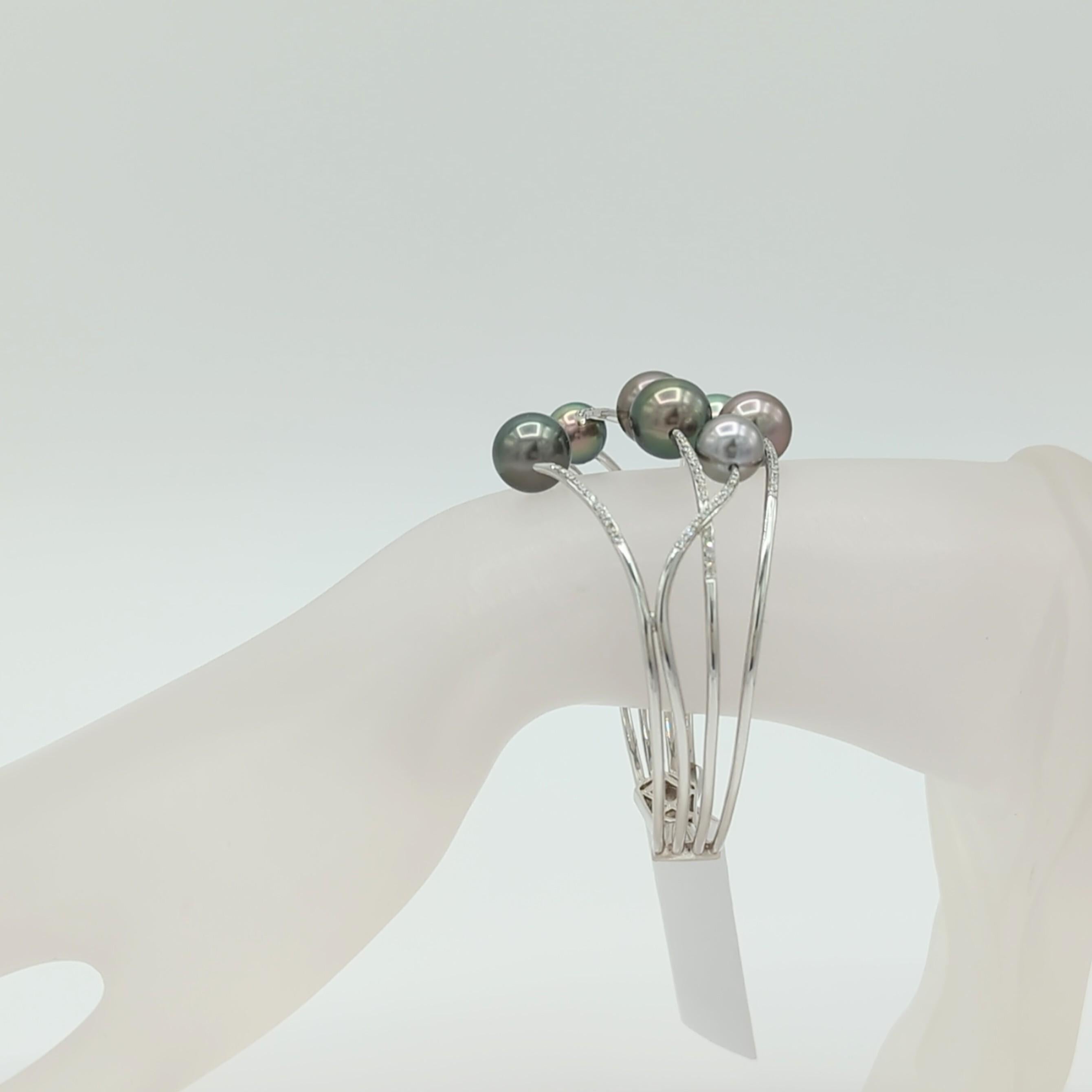 Round Cut Tahitian Pearl Bangle Cuff in 18K White Gold For Sale