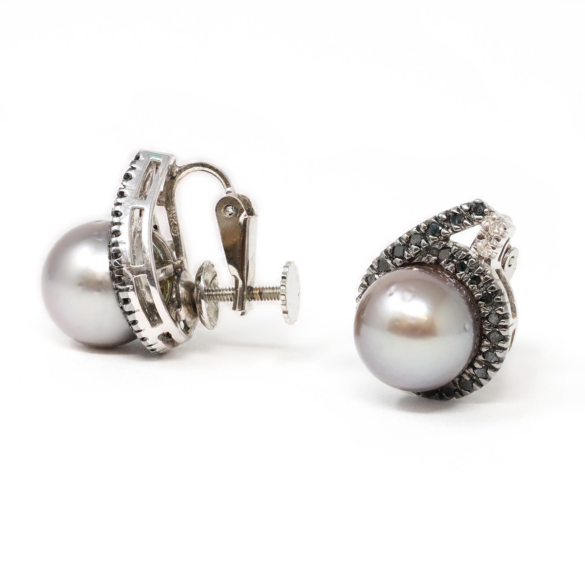 Modern Tahitian Pearl, Black and White Diamond Clip on Earrings For Sale