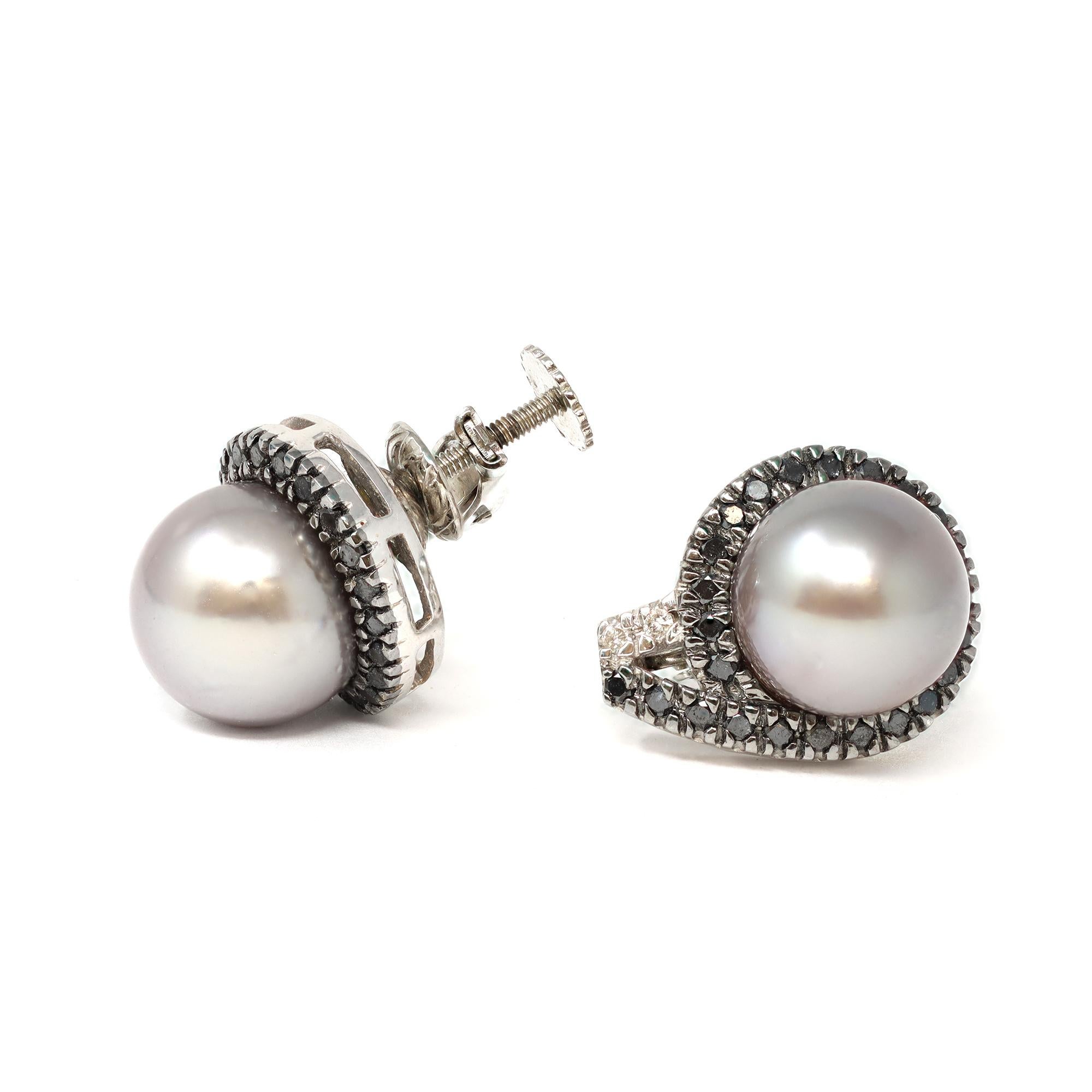Round Cut Tahitian Pearl, Black and White Diamond Clip on Earrings For Sale