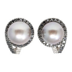 Tahitian Pearl, Black and White Diamond Clip on Earrings