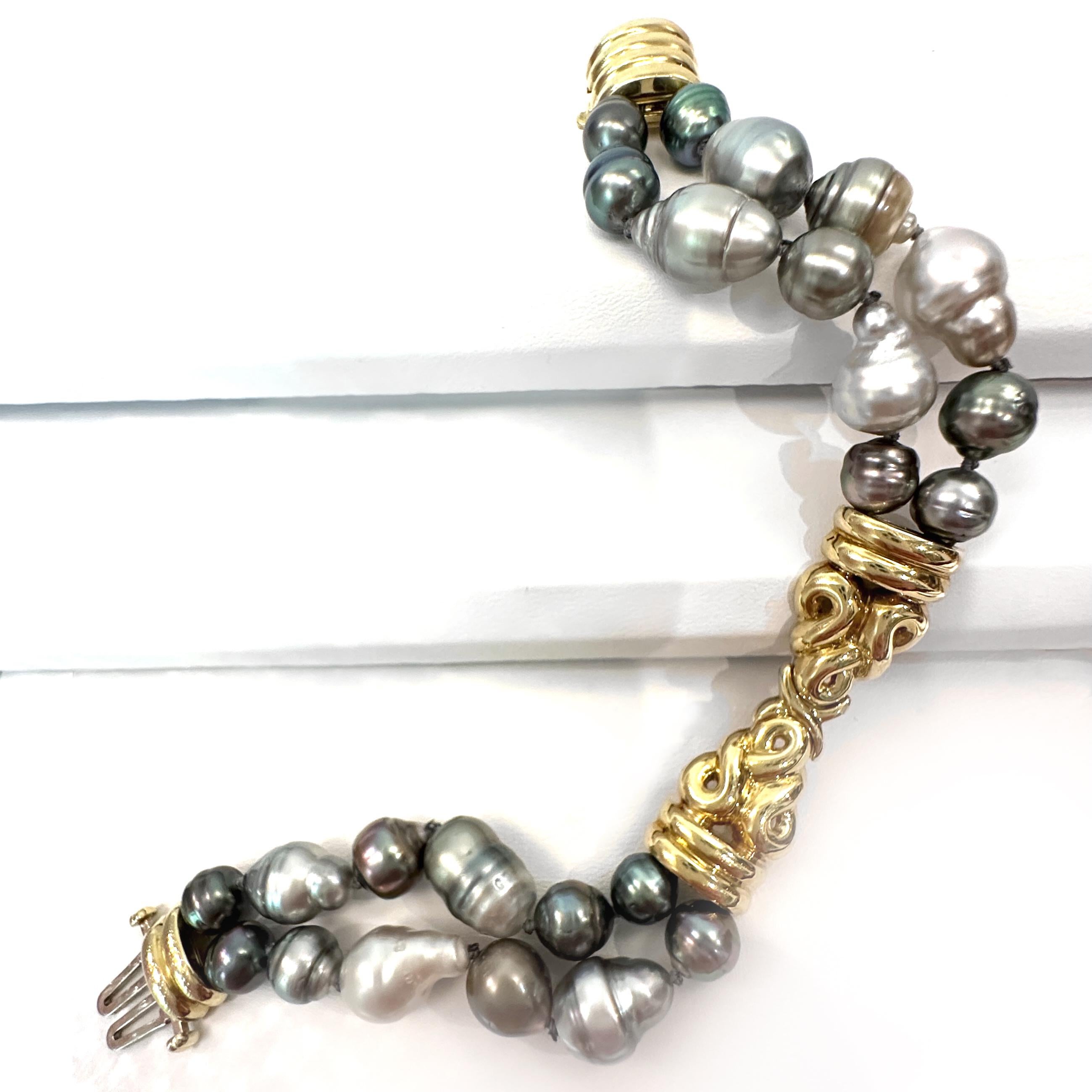 Uncut Tahitian Pearl Bracelet with Mixed Sizes & Colors and 18K Gold Centerpiece For Sale