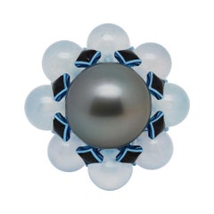 Tahitian Pearl, Burmese White Jade, Sapphire & Onyx Ring, 18K Gold, Austy Lee