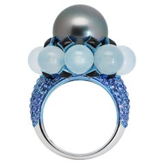 Tahitian Pearl, Burmese White Jade, Sapphire & Onyx Ring, 18K Gold, Austy Lee