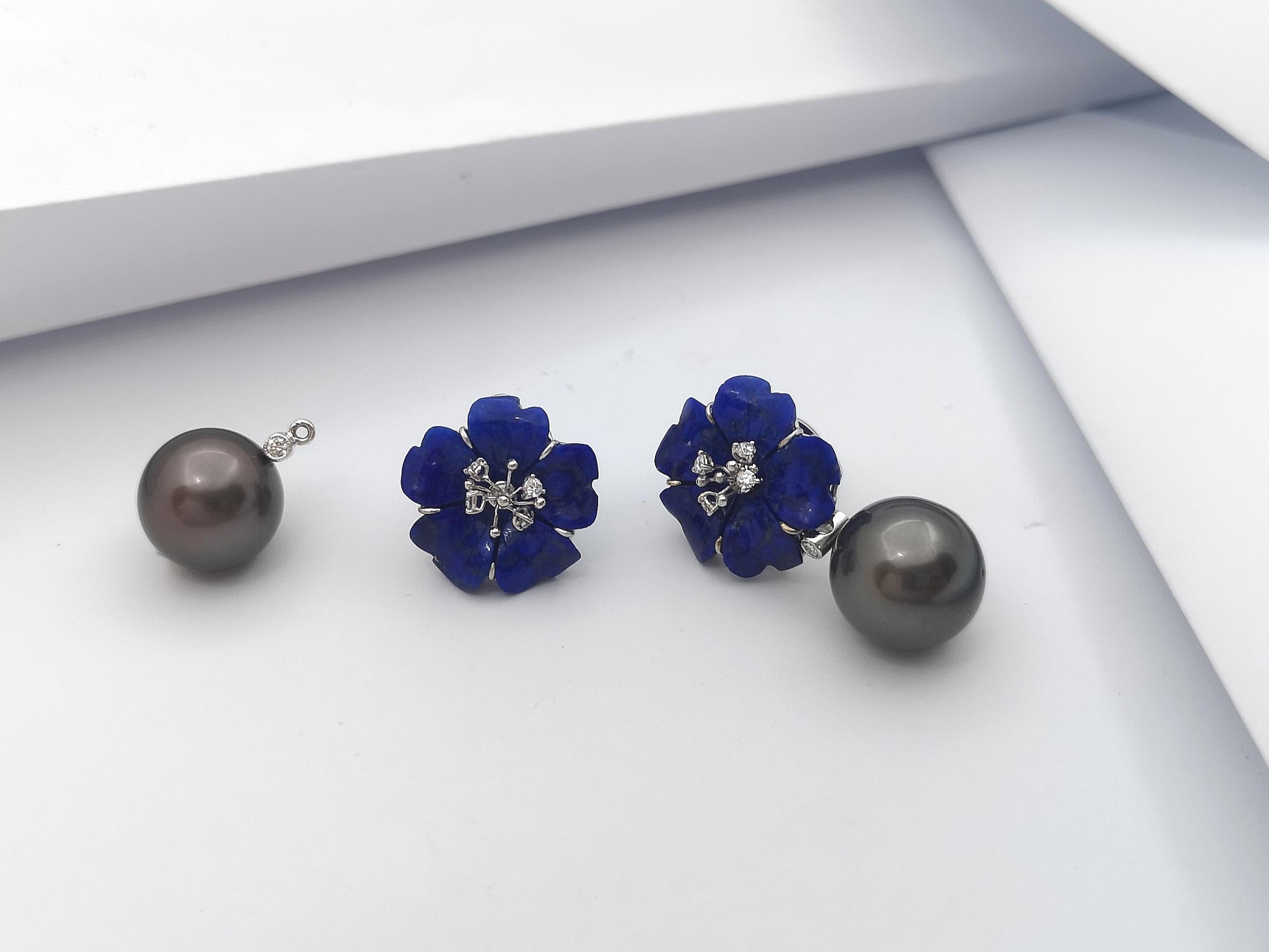 Tahitian Pearl, Carved Flower Lapiz Lazuli, Diamond Earrings in 18K White Gold For Sale 4