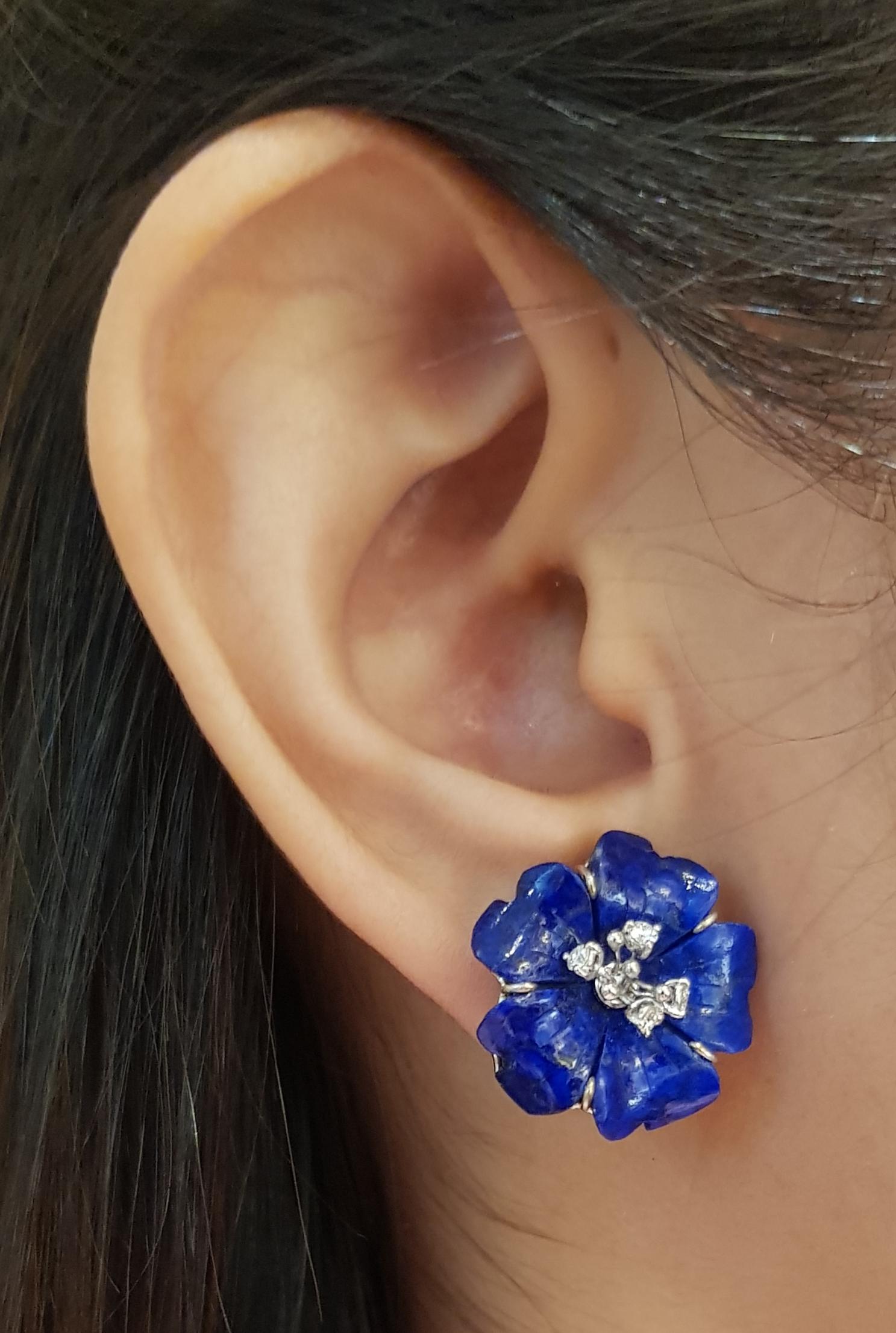 Contemporary Tahitian Pearl, Carved Flower Lapiz Lazuli, Diamond Earrings in 18K White Gold For Sale