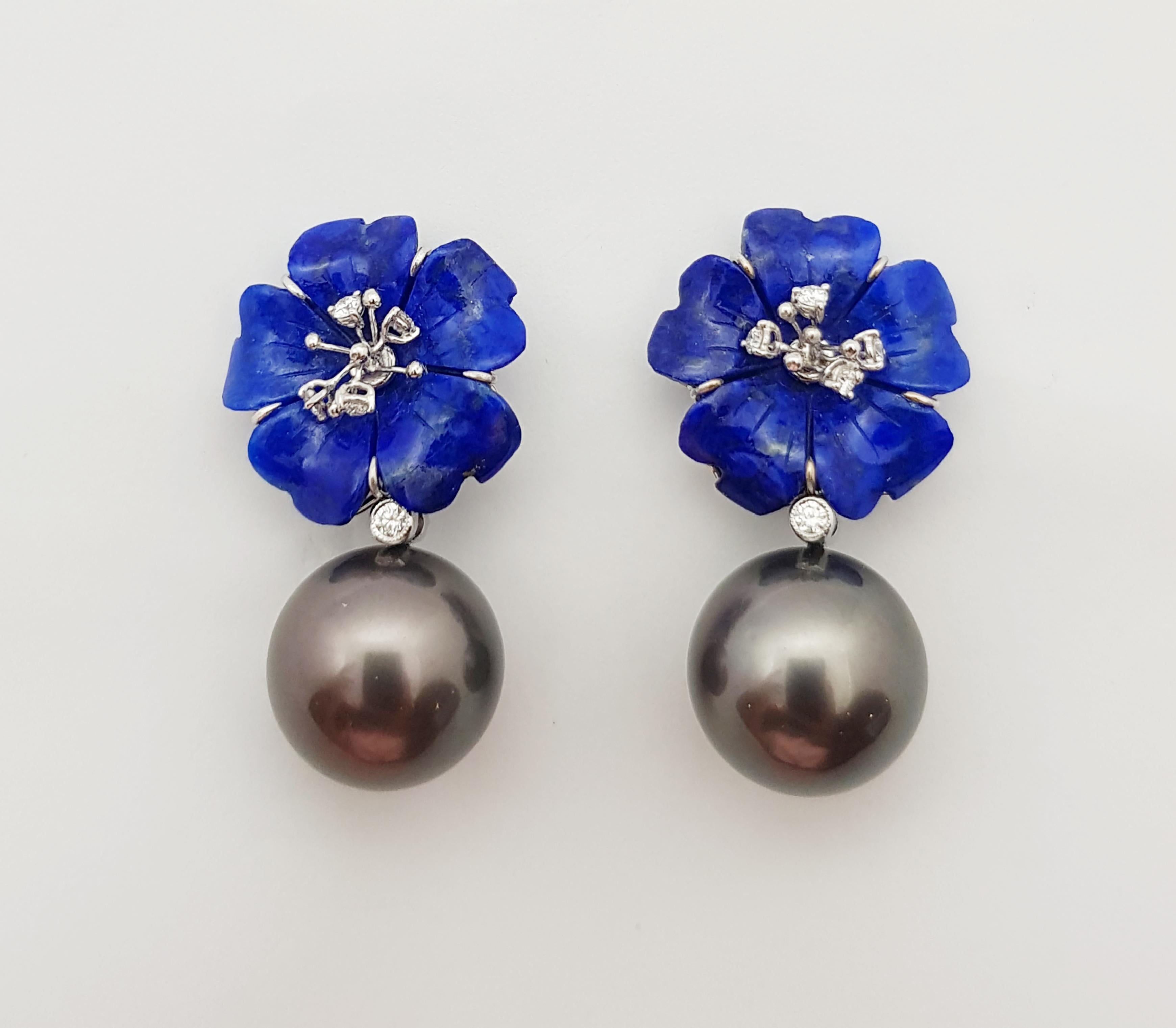 Mixed Cut Tahitian Pearl, Carved Flower Lapiz Lazuli, Diamond Earrings in 18K White Gold For Sale