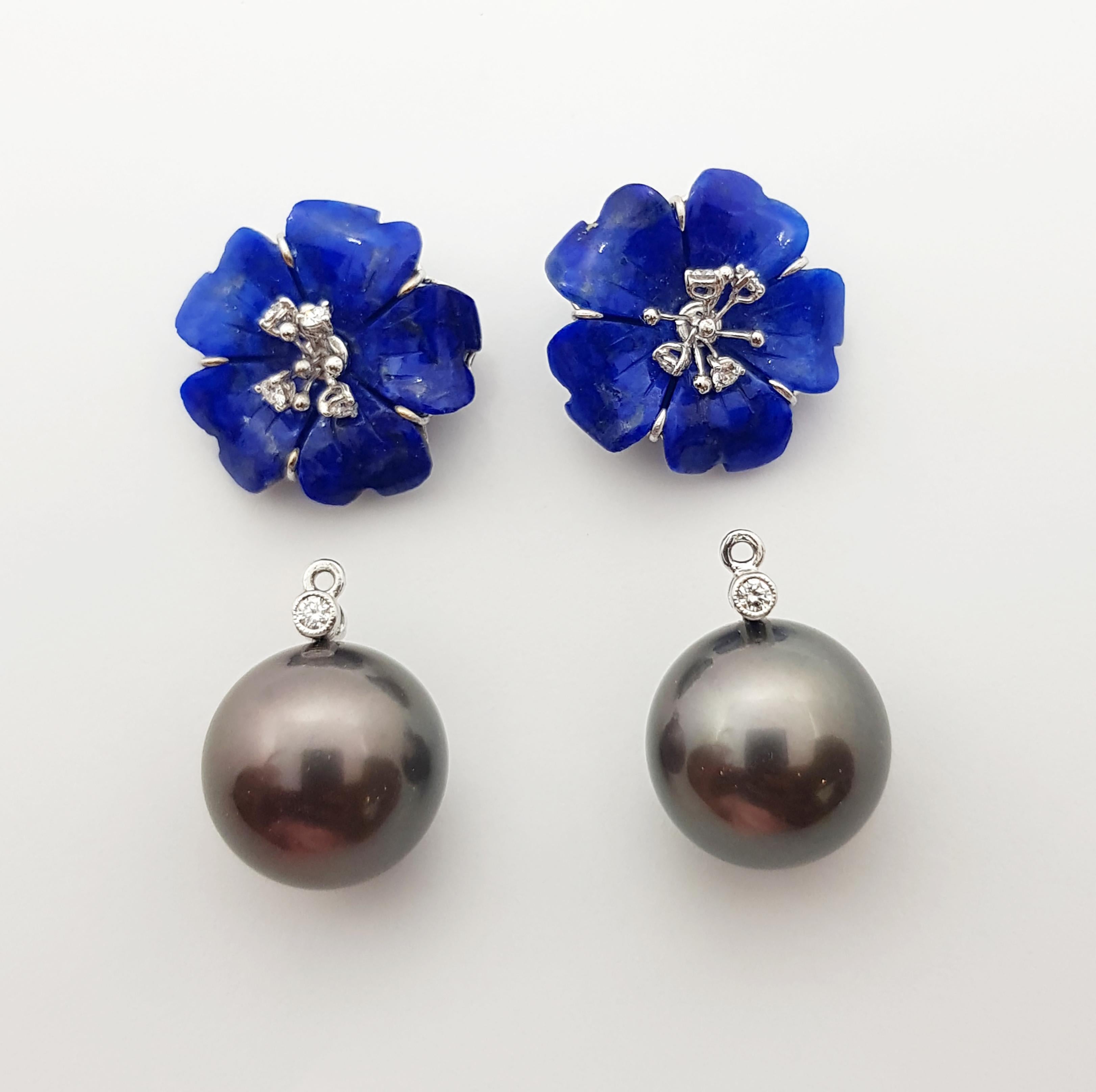 Tahitian Pearl, Carved Flower Lapiz Lazuli, Diamond Earrings in 18K White Gold In New Condition For Sale In Bangkok, TH