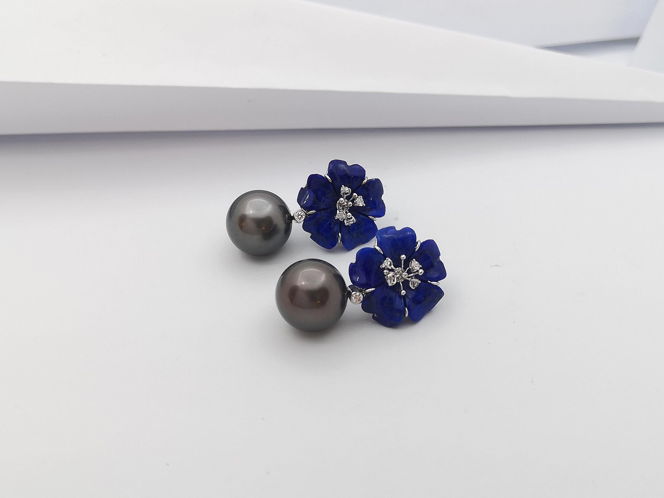 Women's Tahitian Pearl, Carved Flower Lapiz Lazuli, Diamond Earrings in 18K White Gold For Sale