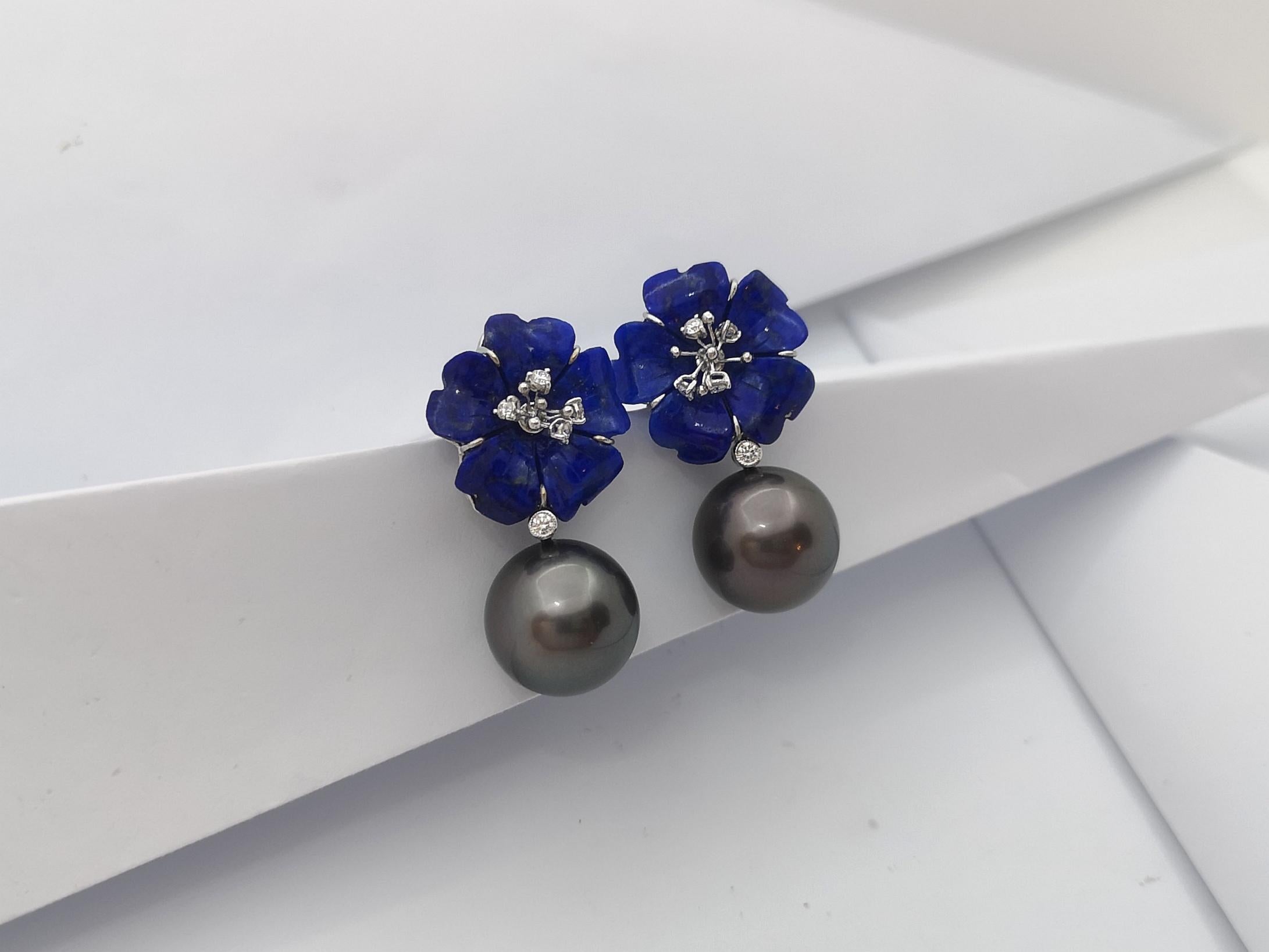 Tahitian Pearl, Carved Flower Lapiz Lazuli, Diamond Earrings in 18K White Gold For Sale 1