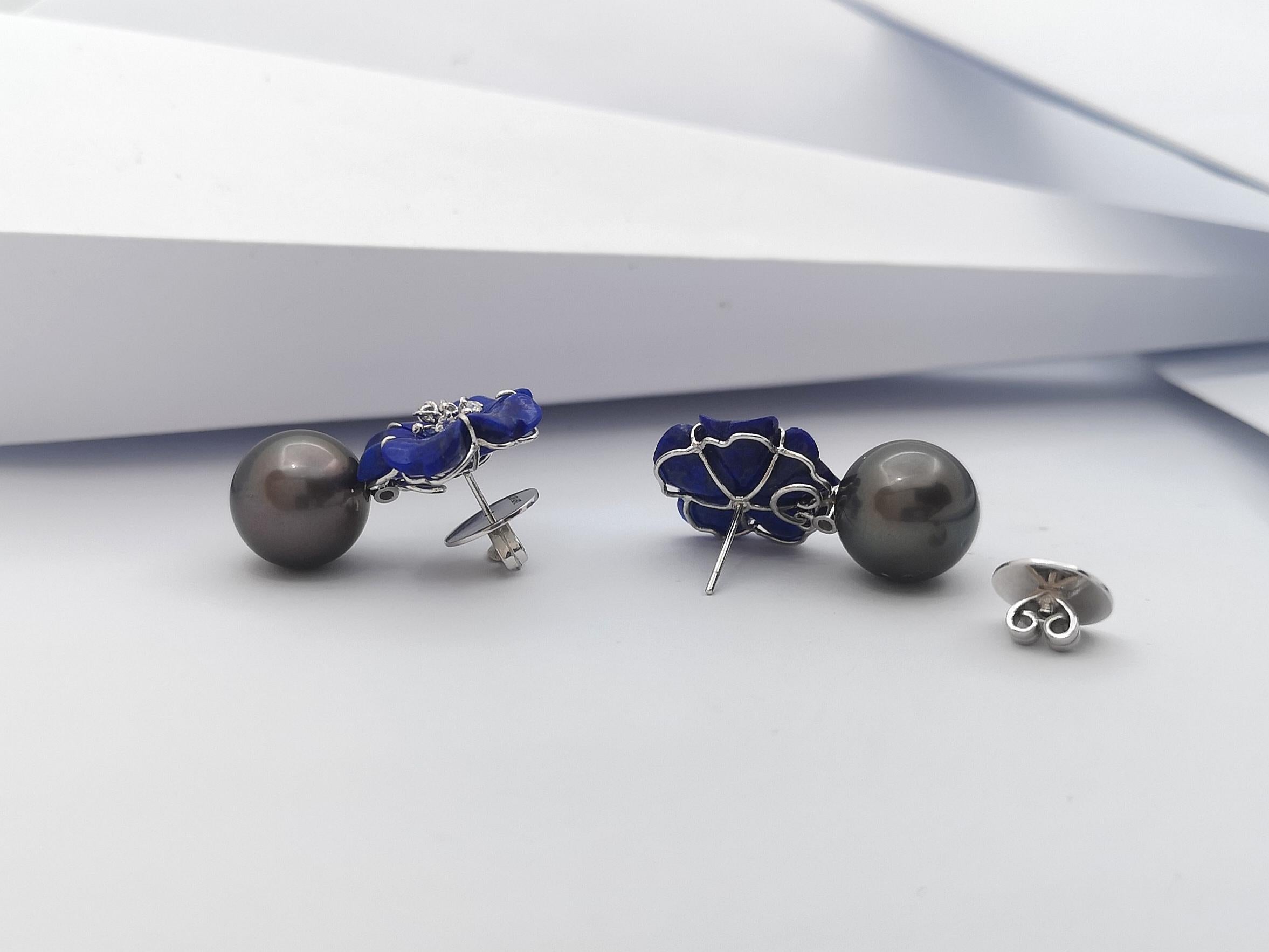 Tahitian Pearl, Carved Flower Lapiz Lazuli, Diamond Earrings in 18K White Gold For Sale 2