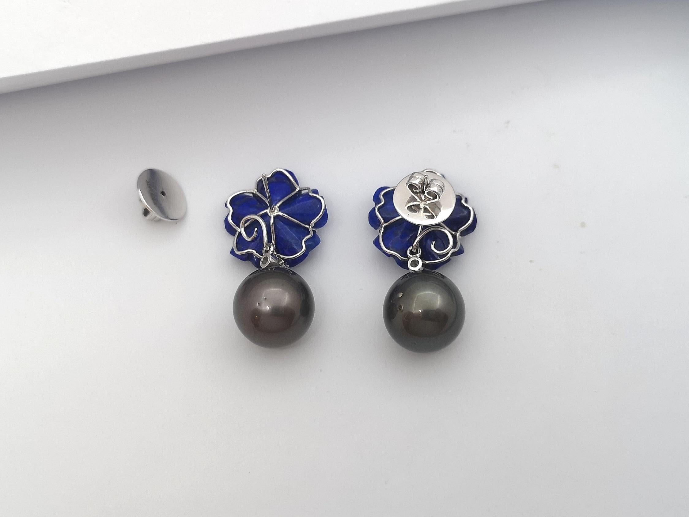 Tahitian Pearl, Carved Flower Lapiz Lazuli, Diamond Earrings in 18K White Gold For Sale 3