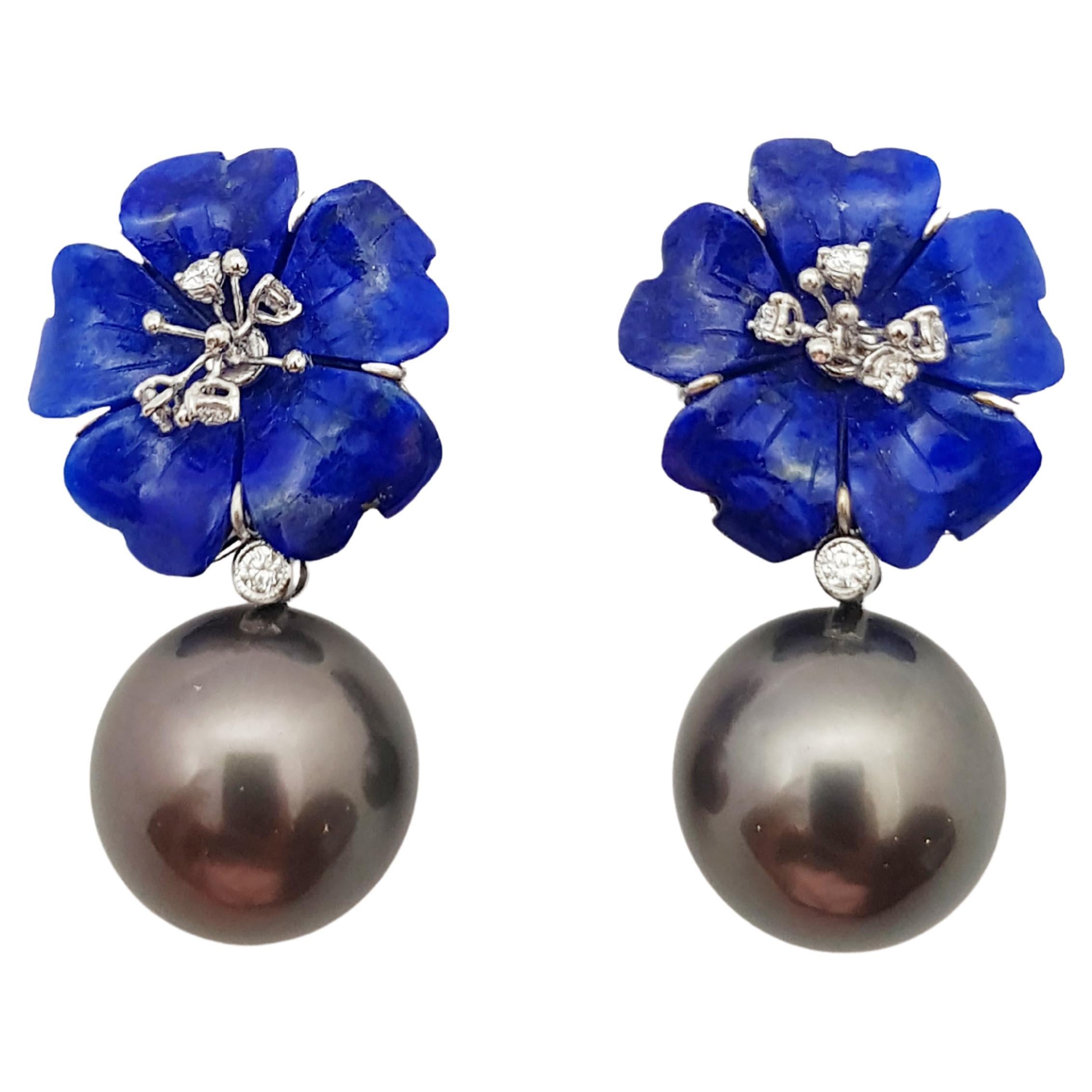 Tahitian Pearl, Carved Flower Lapiz Lazuli, Diamond Earrings in 18K White Gold For Sale