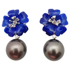 Tahitian Pearl, Carved Flower Lapiz Lazuli, Diamond Earrings in 18K White Gold