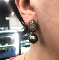 Tahitian Pearl Champagne Diamond Drop Earrings 2.65 Carats 18K White Gold