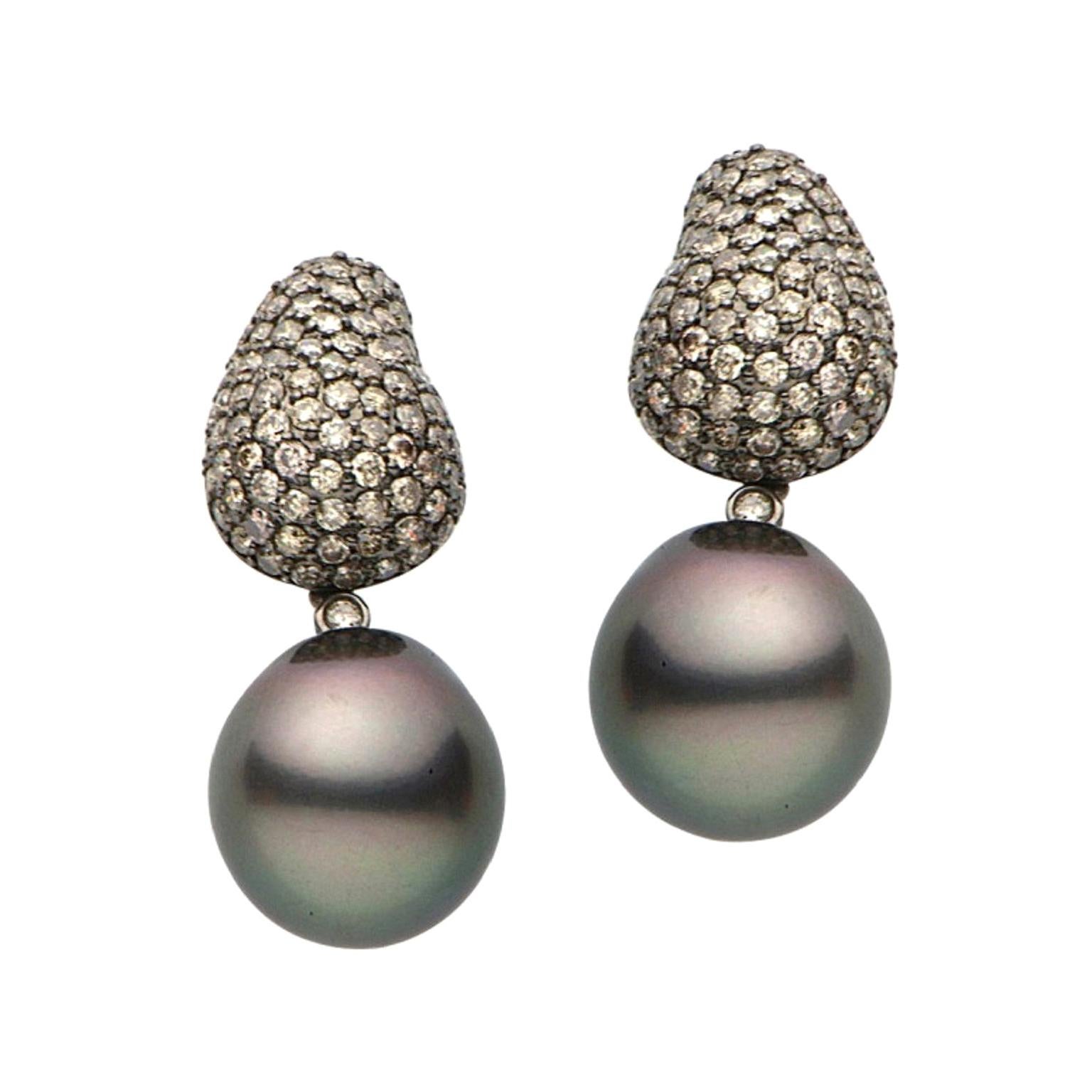 Tahitian Pearl Champagne Diamond Drop Earrings 2.65 Carats 18K White Gold For Sale