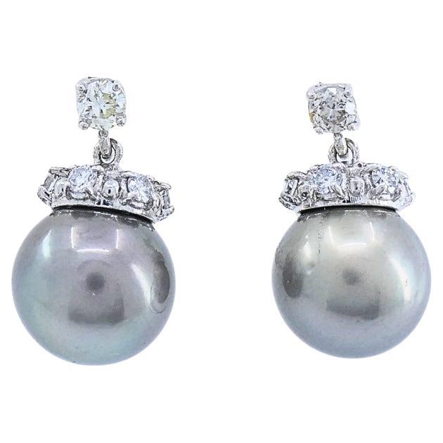 Tahitian Pearl Diamond 14k Gold Stud Earrings For Sale