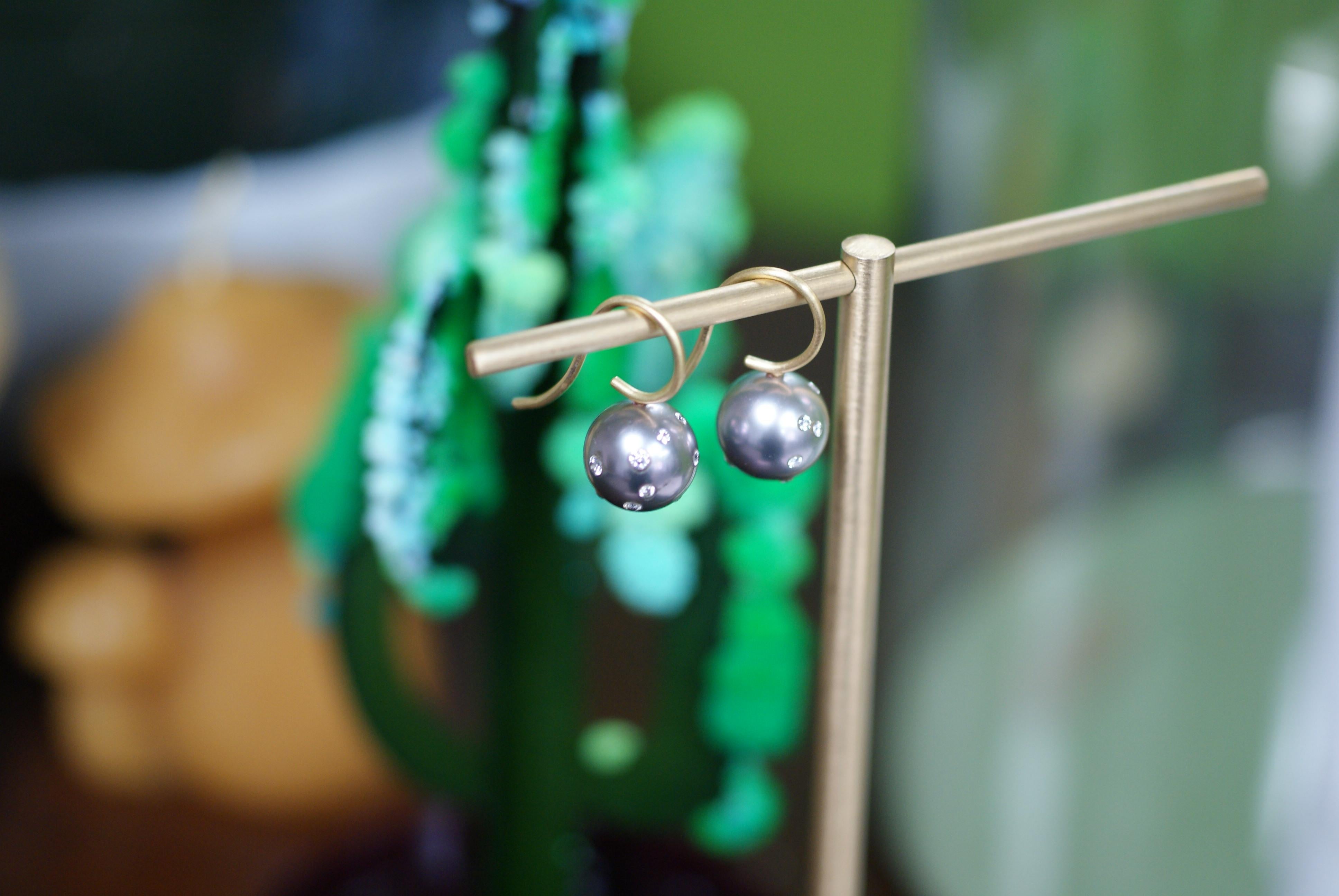 Contemporary Tahitian Pearl, Diamond and 18 Karat Gold Earrings For Sale
