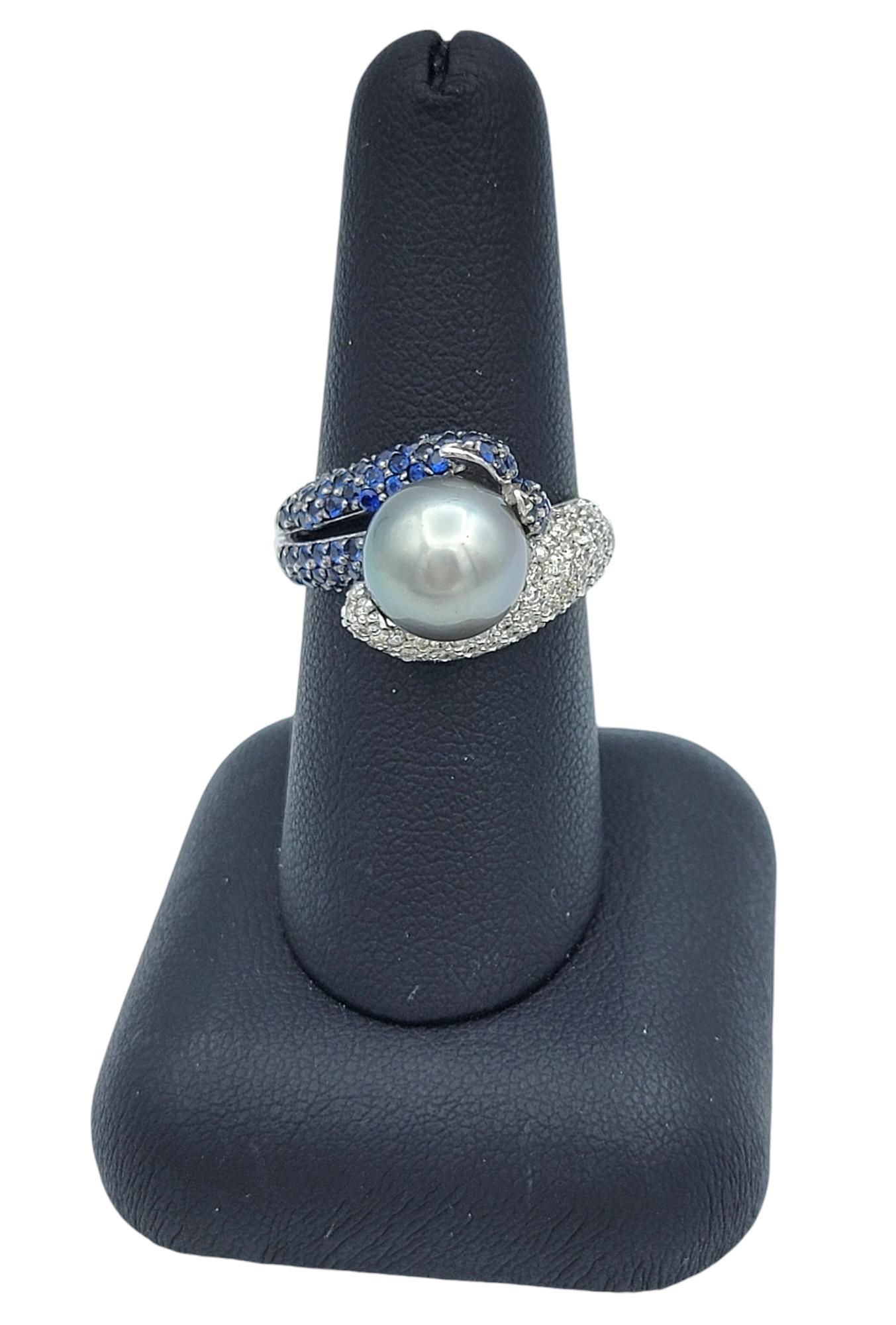 Anello bypass con perla di Tahiti, diamante e zaffiro in oro bianco 14 carati in vendita 5